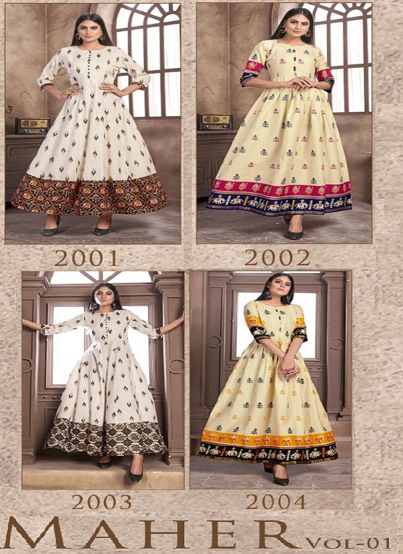 Fashion Galleria MAHER Vol-1 Latest Rayon And Satin Casual Wear New Long Gown Kurtis Collection 